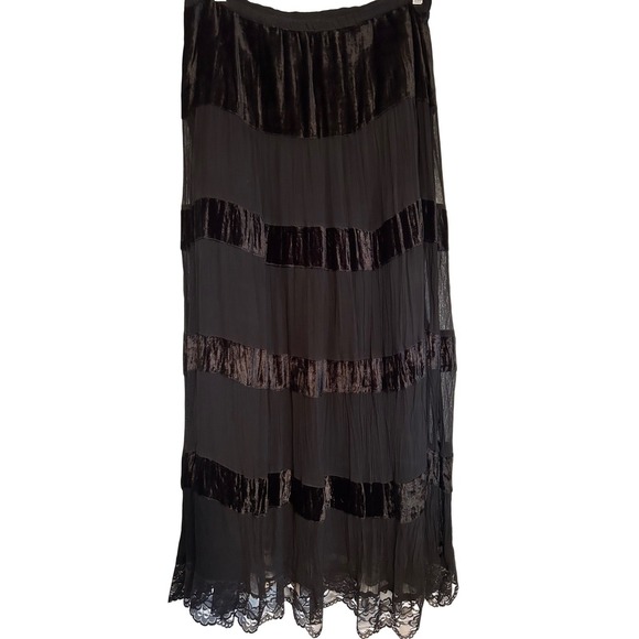 Bernini Beverly Hills Black Velvet Chiffon Tiered Maxi Skirt Lace Hem Large - Picture 4 of 5